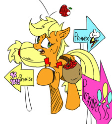 Size: 500x553 | Tagged: safe, artist:30clock, applejack, earth pony, pony, applebuck season, apple, female, food, frustrated, mare, pixiv, scene interpretation, sign, simple background, solo, white background