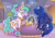 Size: 1000x700 | Tagged: safe, artist:kkitsu, discord, princess celestia, princess luna, alicorn, pony, alternate hairstyle, female, korean, lunacord, male, now kiss, shipper on deck, shipping, straight, unamused