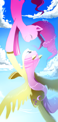 Size: 433x900 | Tagged: safe, artist:skyeypony, fluttershy, pinkie pie, earth pony, pegasus, pony, flying, sky