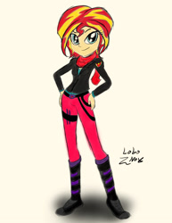 Size: 1932x2504 | Tagged: safe, artist:lobonox1313, sunset shimmer, human, equestria girls, alternate costumes, female, short hair, simple background