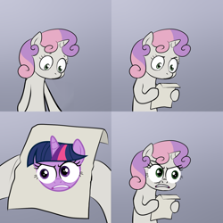 Size: 2000x2000 | Tagged: safe, derpibooru import, sweetie belle, twilight sparkle, pony, unicorn, bipedal, exploitable meme, female, filly, gradient background, hoof hold, horn, letter, meme, paper, solo, special eyes, sweetie's note meme, two toned hair, white coat