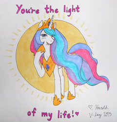 Size: 2206x2296 | Tagged: safe, artist:boldrold, princess celestia, alicorn, pony, bedroom eyes, blushing, hair over one eye, heart, looking at you, raised hoof, smiling, solo, sun, traditional art, valentine