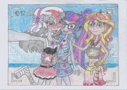 Size: 1748x1242 | Tagged: safe, artist:nephilim rider, sci-twi, sunset shimmer, twilight sparkle, oc, oc:heaven lost, better together, equestria girls, forgotten friendship, armpits, beach, clothes, swimsuit, traditional art