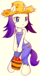 Size: 456x858 | Tagged: safe, artist:auntie_grub, rarity, anthro, apple, arm hooves, bipedal, bucket, rarihick, solo