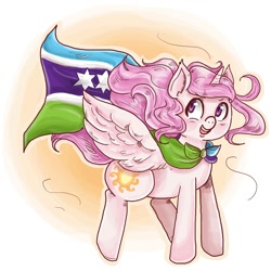 Size: 2000x2000 | Tagged: safe, artist:superlucky13, princess celestia, alicorn, pony, au:eqcl, cape, cewestia, clothes, cute, cutelestia, filly, flag, solo