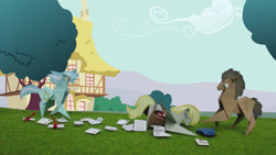 Size: 1600x900 | Tagged: safe, artist:malte279, derpy hooves, doctor whooves, lyra heartstrings, pegasus, pony, craft, crash, female, letter, mail, mailmare, mare, origami, papercraft, saddle bag, scroll