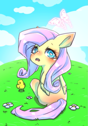 Size: 533x763 | Tagged: safe, artist:takuan_lte, fluttershy, bird, butterfly, pegasus, pony, pixiv, solo