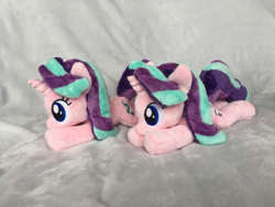 Size: 1024x768 | Tagged: safe, artist:gscuddlecraft, starlight glimmer, pony, unicorn, beanie (plushie), duality, irl, lying down, photo, plushie, prone