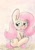 Size: 684x966 | Tagged: safe, artist:slightlyshade, fluttershy, pegasus, pony, collar, hay, looking back, pet tag, sitting, solo, traditional art