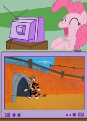 Size: 554x768 | Tagged: safe, pinkie pie, earth pony, pony, exploitable meme, laughing, looney tunes, meme, obligatory pony, op didn't even try, sylvester, tv meme