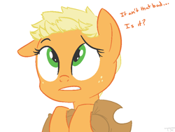 Size: 800x600 | Tagged: safe, artist:tex, applejack, earth pony, pony, alternate hairstyle, dialogue, haircut, short hair, short mane, simple background, solo