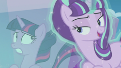 Size: 640x360 | Tagged: safe, screencap, starlight glimmer, twilight sparkle, twilight sparkle (alicorn), alicorn, pony, unicorn, the cutie re-mark, duo, levitation, lidded eyes, magic, s5 starlight, self-levitation, telekinesis