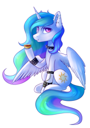 Size: 1024x1447 | Tagged: safe, artist:ghst-qn, princess celestia, alicorn, pony, choker, collar, cup, ear piercing, female, food, grin, hoof hold, looking at you, mare, piercing, simple background, sitting, smiling, solo, spiked choker, spiked wristband, tea, teacup, white background, wristband