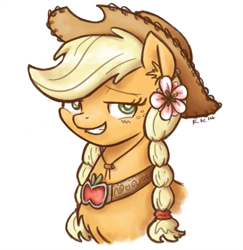 Size: 777x800 | Tagged: safe, artist:king-kakapo, applejack, earth pony, pony, alternate hairstyle, braid, bust, chest fluff, ear fluff, element of honesty, flower, flower in hair, fluffy, grin, head, looking at you, portrait, simple background, smirk, solo