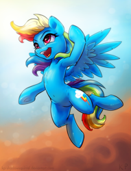 Size: 975x1275 | Tagged: safe, artist:kp-shadowsquirrel, derpibooru import, part of a set, rainbow dash, pegasus, pony, armpits, belly button, chest fluff, ear fluff, female, fluffy, flying, mare, open mouth, solo, underhoof