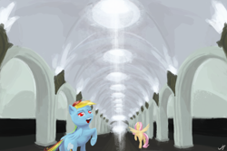 Size: 6000x4000 | Tagged: safe, artist:madgehog, derpibooru import, fluttershy, rainbow dash, pegasus, pony, food, happy, looking at you, mare, metro, moscow, plot, subway, underhoof