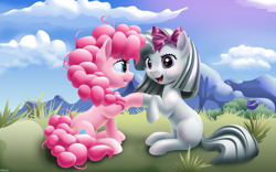 Size: 3840x2400 | Tagged: safe, artist:roadsleadme, marble pie, pinkie pie, earth pony, pony, blank flank, bow, cute, eye contact, female, filly, grin, messy mane, open mouth, pattycakes, sisters, sitting, smiling, squee, twins, vector