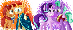 Size: 2389x996 | Tagged: safe, artist:mcmeg29, firelight, starlight glimmer, stellar flare, sunburst, pony, unicorn, the parent map, father and child, father and daughter, female, male, mare, mother and child, mother and son, parent and child, smiling, stallion