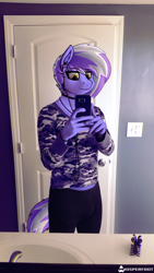 Size: 720x1280 | Tagged: safe, artist:whisperfoot, derpibooru import, oc, oc only, oc:berry frost, anthro, anthro oc, bathroom, camouflage, choker, chromatic aberration, drawing over a selfie, earbuds, femboy, male, phone, selfie, solo, tights