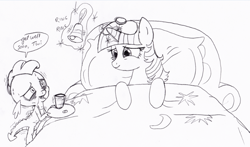 Size: 800x470 | Tagged: safe, artist:queencold, derpibooru import, spike, twilight sparkle, dragon, pony, bags under eyes, bed, bell, blanket, cup, drink, exhausted, female, glass, levitation, magic, male, mare, medicine, messy mane, monochrome, open mouth, pill, pillow, plate, shivering, sick, sketch, skinny, smiling, telekinesis, tired, traditional art, water, wide eyes