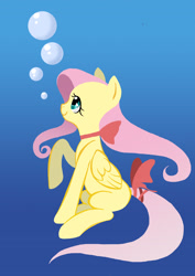 Size: 2480x3508 | Tagged: safe, artist:xenosaga428, fluttershy, pegasus, pony, bowtie, pixiv, solo, tail bow, underwater