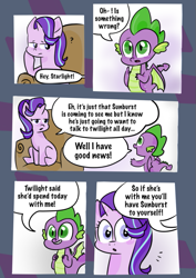 Size: 565x800 | Tagged: safe, artist:wander-ing7, spike, starlight glimmer, dragon, pony, unicorn, comic:return, comic, dialogue, sitting, sofa, winged spike