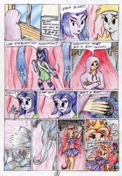 Size: 2406x3456 | Tagged: safe, artist:40kponyguy, derpibooru exclusive, adagio dazzle, aria blaze, derpy hooves, equestria girls, 40kponyguy's dazzlings return, comic, magic capture device, parody, ponied up, traditional art, transformers