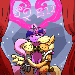 Size: 600x600 | Tagged: safe, artist:yajima, applejack, clover the clever, fluttershy, private pansy, smart cookie, twilight sparkle, earth pony, pegasus, pony, hearth's warming eve (episode), appletwishy, fire of friendship, group hug, hearth's warming eve, hug, scene interpretation