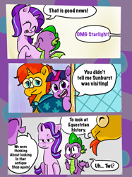 Size: 445x594 | Tagged: safe, artist:wander-ing7, spike, starlight glimmer, sunburst, twilight sparkle, twilight sparkle (alicorn), alicorn, dragon, pony, unicorn, comic:return, comic, dialogue, winged spike