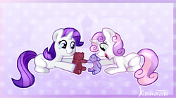 Size: 913x507 | Tagged: safe, artist:kikirrikitiki, rarity, sweetie belle, pony, unicorn, age regression, blank flank, cute, diasweetes, female, filly, open mouth, playing, plushie, prone, raribetes, siblings, sisters, teddy bear