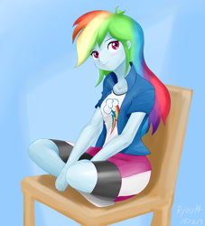 Size: 2000x2200 | Tagged: safe, artist:ryou14, derpibooru import, rainbow dash, equestria girls, blushing, clothes, compression shorts, looking at you, missing shoes, sitting, smiling, solo