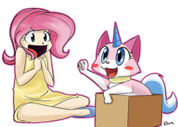 Size: 1050x750 | Tagged: safe, artist:kprovido, fluttershy, human, crossover, duo, humanized, lego, the lego movie, unikitty