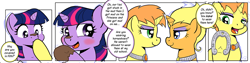 Size: 1200x300 | Tagged: safe, artist:muffinshire, derpibooru import, twilight sparkle, oc, oc:lemon burst, oc:orange twist, comic:twilight's first day, comic, filly, horseshoes, mud, wip