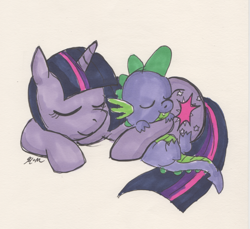 Size: 900x823 | Tagged: safe, artist:catscratchpaper, derpibooru import, spike, twilight sparkle, dragon, cuddling, snuggling, spikelove