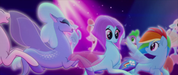 Size: 1920x804 | Tagged: safe, derpibooru import, screencap, rainbow dash, spike, pony, seapony (g4), my little pony: the movie, conga line, eyes closed, female, mare, one small thing, puffer fish, salina blue, seaponified, seapony rainbow dash, seaquestria, species swap, spike the pufferfish