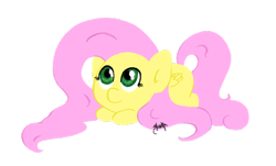 Size: 1024x620 | Tagged: safe, artist:midnightpremiere, fluttershy, pegasus, pony, chibi, cute, lineless, looking up, prone, shyabetes, simple background, solo, transparent background