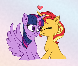 Size: 558x475 | Tagged: safe, alternate version, artist:snowstoat, sunset shimmer, twilight sparkle, twilight sparkle (alicorn), alicorn, cute, eyes closed, female, gradient background, heart, lesbian, nuzzling, shimmerbetes, shipping, smiling, sunsetsparkle, twiabetes