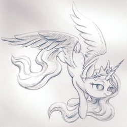 Size: 1024x1024 | Tagged: safe, artist:dynamiclines, princess celestia, alicorn, pony, grayscale, monochrome, simple background, solo, spread wings, traditional art