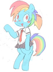 Size: 891x1200 | Tagged: safe, artist:baigak, derpibooru import, rainbow dash, pegasus, pony, alternate hairstyle, bipedal, blushing, clothes, cute, dashabetes, looking at you, miniskirt, moe, necktie, pleated skirt, ponytail, school uniform, simple background, skirt, solo, waving, white background, wingless