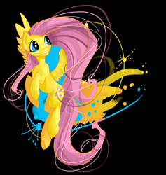 Size: 2384x2515 | Tagged: safe, artist:ellisarts, fluttershy, pegasus, pony, abstract background, female, flying, mare, solo