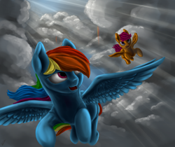 Size: 1024x861 | Tagged: safe, artist:com3tfire, derpibooru import, rainbow dash, scootaloo, pegasus, pony, cloud, flying, rainbow waterfall, scootaloo can fly