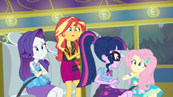 Size: 1280x720 | Tagged: safe, screencap, fluttershy, rarity, sci-twi, sunset shimmer, twilight sparkle, better together, equestria girls, road trippin, tour bus