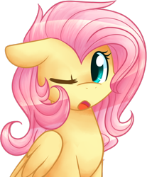 Size: 532x644 | Tagged: safe, artist:littlepinkalpaca, fluttershy, pegasus, pony, bed mane, solo, wink