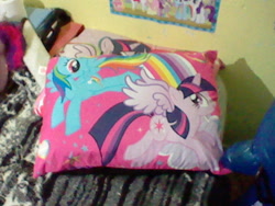 Size: 640x480 | Tagged: safe, derpibooru import, rainbow dash, twilight sparkle, twilight sparkle (alicorn), alicorn, pegasus, pony, bed, bedroom, female, mare, pillow, poster