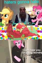 Size: 1200x1800 | Tagged: safe, apple bloom, applejack, big macintosh, pinkie pie, earth pony, pony, arabic, collage, context is for the weak, cuddling, drool, female, filly, game grumps, jontron, male, meme, on back, op is a cuck, op is trying to start shit, sleeping, snuggling, stallion, wat