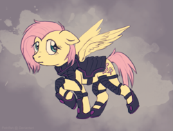 Size: 955x724 | Tagged: safe, artist:petrifish, fluttershy, pegasus, pony, alternate hairstyle, armor, looking back, short hair, short mane, short tail, solo