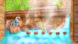 Size: 2560x1440 | Tagged: safe, artist:fuzzyfox11, derpibooru import, fluttershy, rainbow dash, pegasus, pony, scared, temple, waterfall