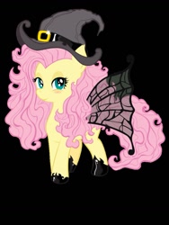 Size: 775x1031 | Tagged: safe, artist:karlosbaygorriakb, fluttershy, pegasus, pony, black background, clothes, costume, hat, horseshoes, simple background, solo, witch, witch hat