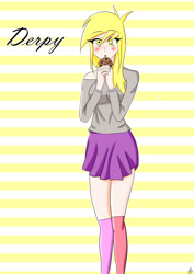 Size: 1024x1448 | Tagged: safe, artist:achaoticdotstar, derpy hooves, equestria girls, anime, bad anatomy, cupcake, food, generic, humanized, shiny, shy, solo