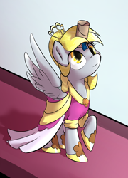 Size: 900x1250 | Tagged: safe, artist:klemm, derpy hooves, pegasus, pony, alicorn costume, clothes, costume, cute, derpabetes, dress, duct tape, fake horn, female, food, looking up, mare, muffin, newbie artist training grounds, nightmare night costume, princess derpy, raised hoof, smiling, solo, toilet paper roll, toilet paper roll horn, twilight muffins, wig